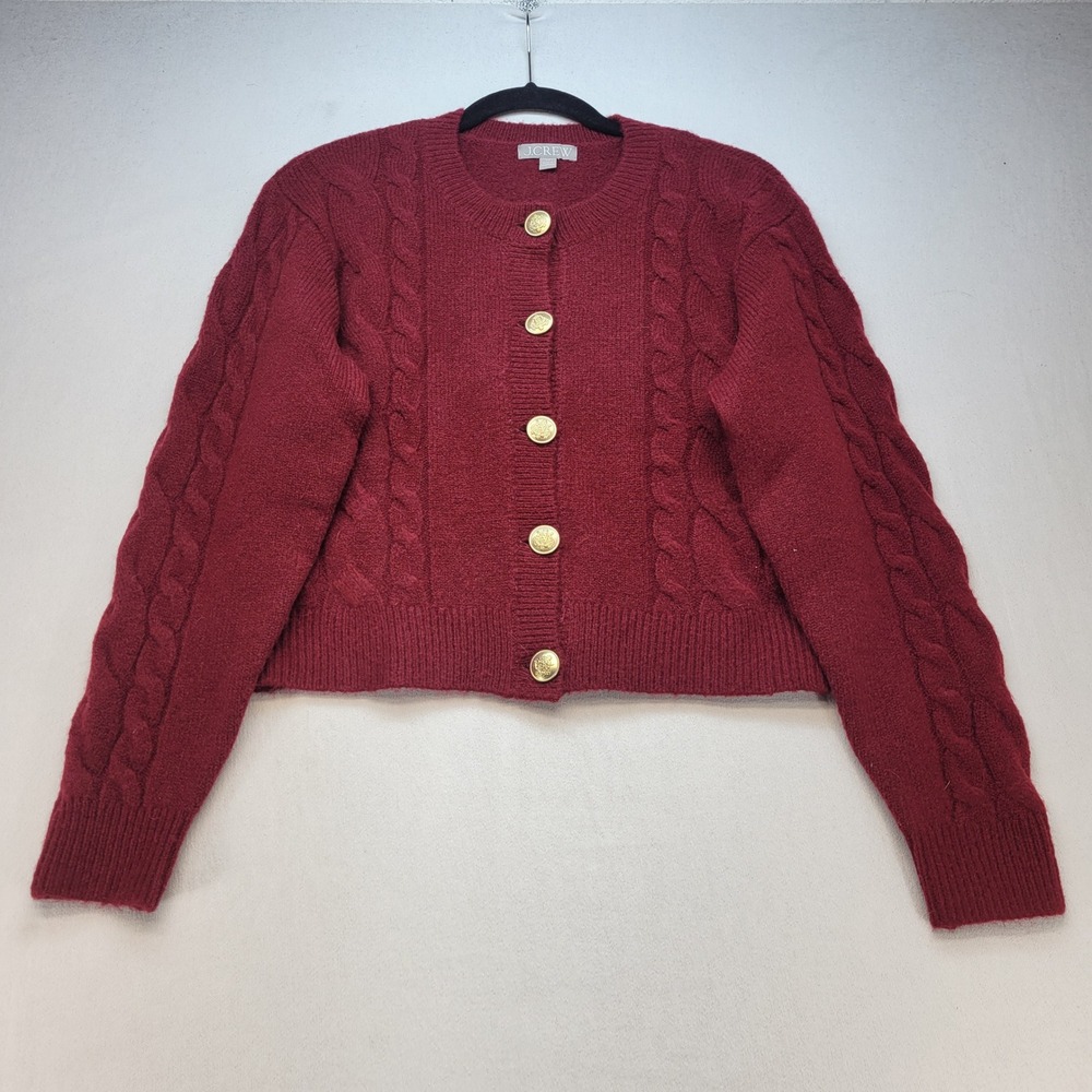 J.Crew Cardigan Sweater Womens XS Red Cable Knit Gold Crest Button Merino Alpaca